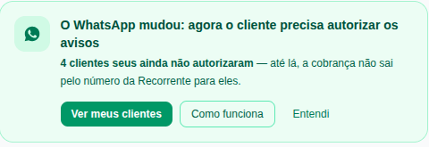 Aviso real no painel do Recorrente: 'O WhatsApp mudou: agora o cliente precisa autorizar os avisos', com o número de clientes que ainda não autorizaram