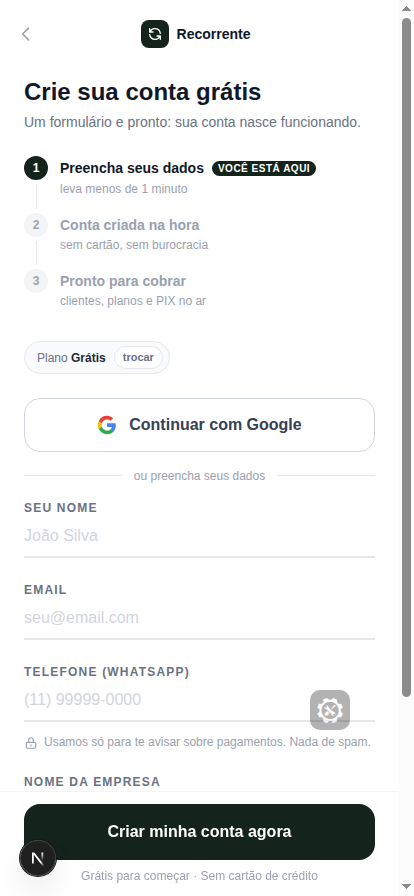 Formulário de cadastro do Recorrente