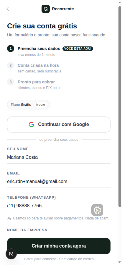 Formulário de cadastro preenchido