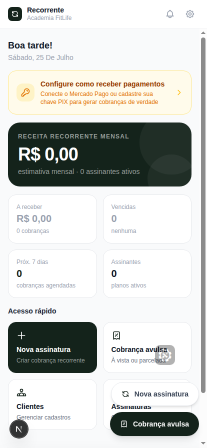 Painel principal de uma conta nova