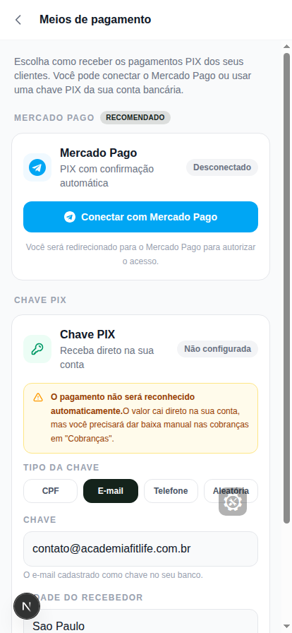 Formulário de chave PIX preenchido