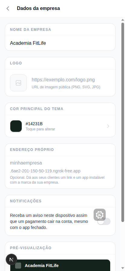 Tela de dados da empresa: nome, logo, cor e endereço próprio