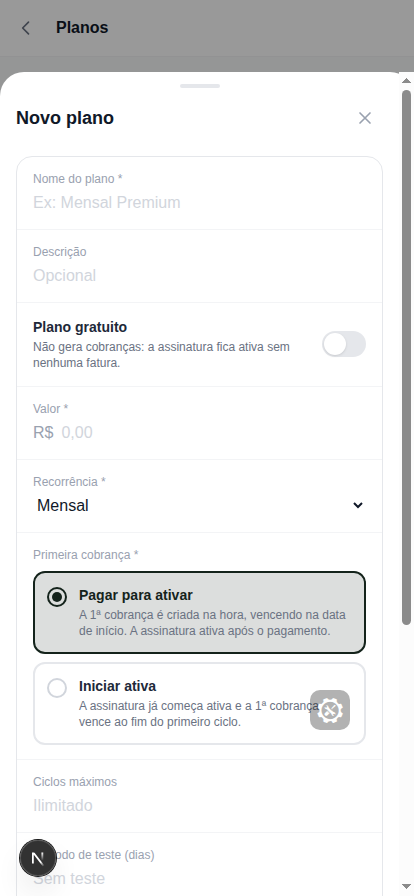 Formulário de novo plano vazio
