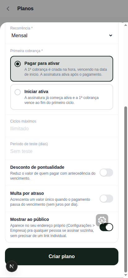 Formulário de novo plano preenchido