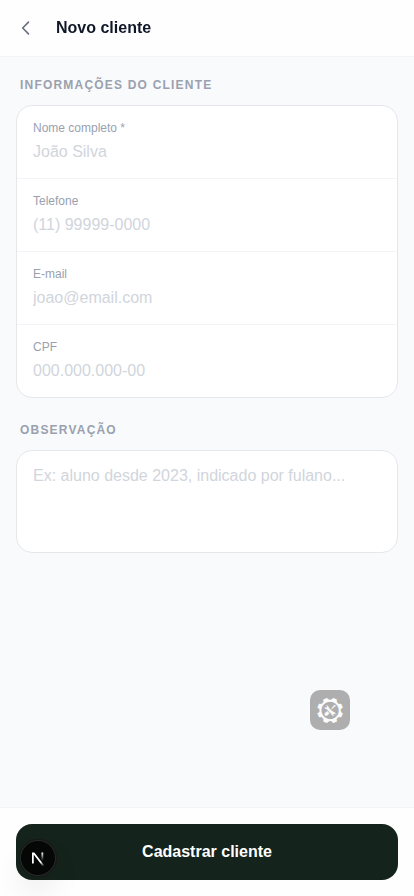 Formulário de novo cliente vazio