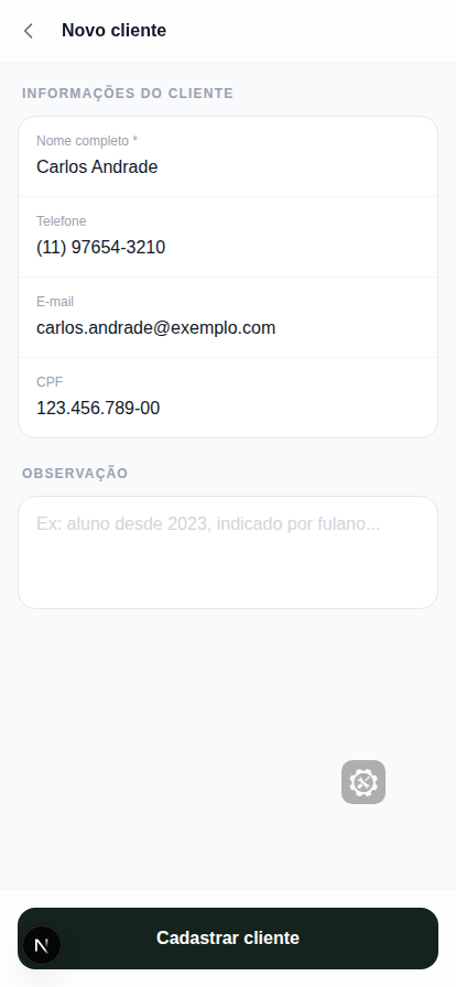 Formulário de novo cliente preenchido