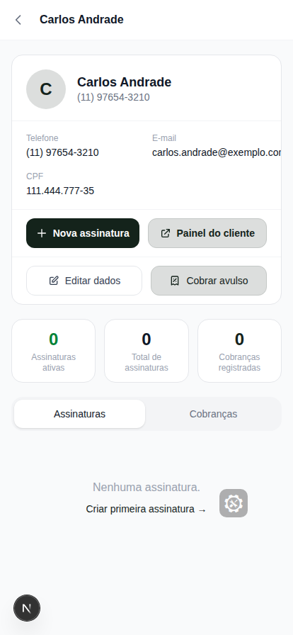 Página de detalhe de um cliente recém-criado