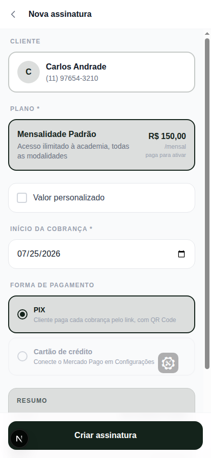 Resumo da nova assinatura antes de confirmar