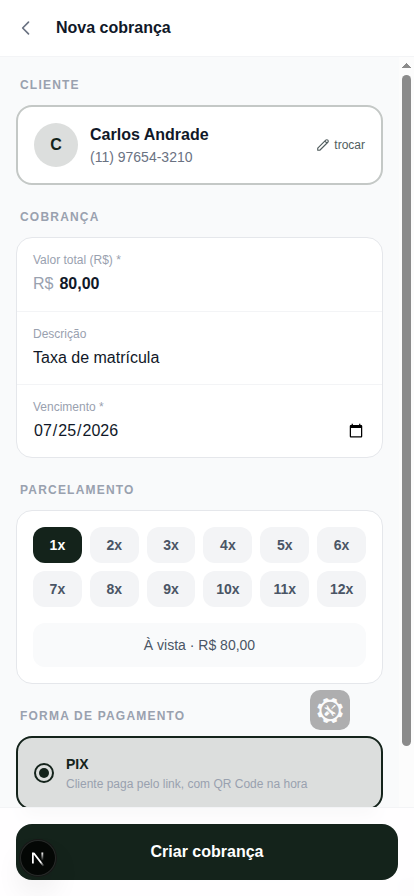 Formulário de cobrança avulsa preenchido