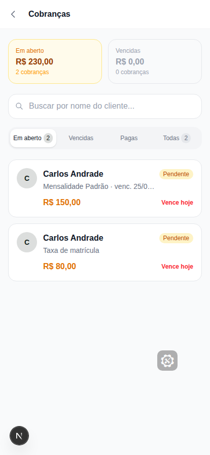 Lista de cobranças em aberto