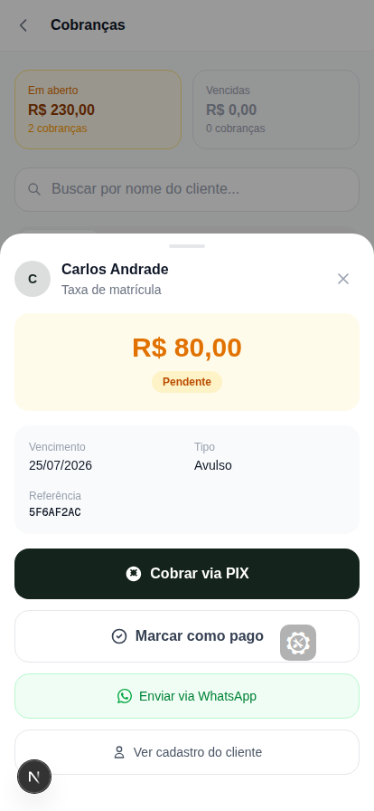 Detalhe de uma cobrança pendente