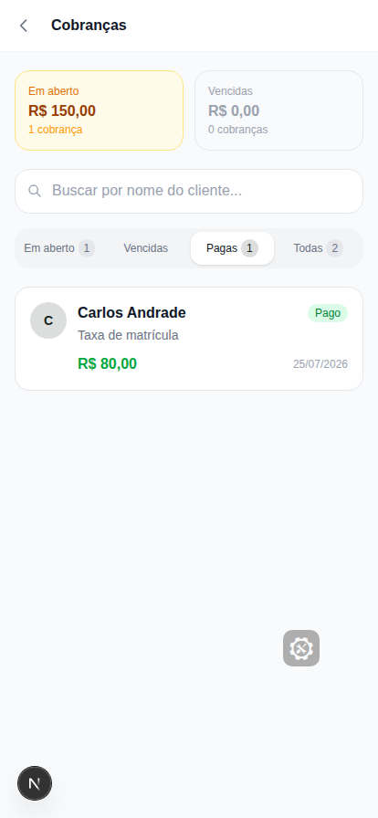 Lista de cobranças filtrada por pagas