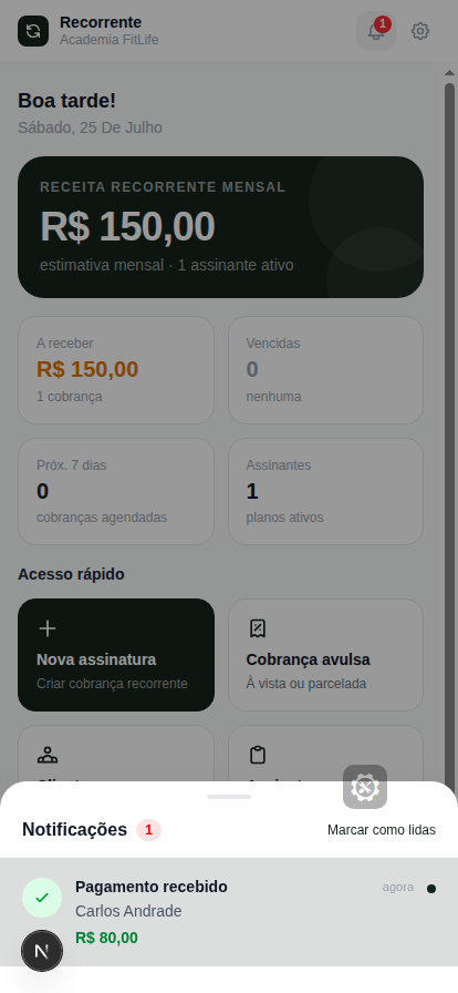 Painel de notificações com um pagamento recebido