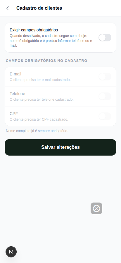Tela de configuração dos campos obrigatórios de cadastro