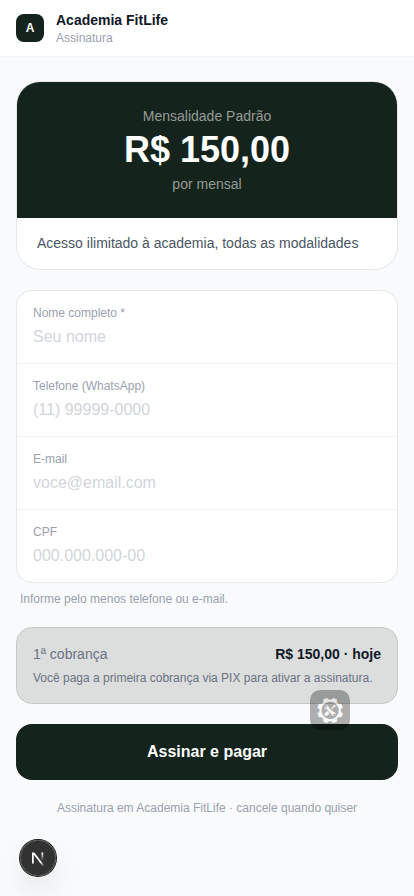 Página pública de assinatura de um plano