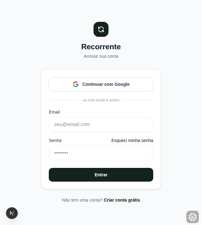 Tela de login do Recorrente