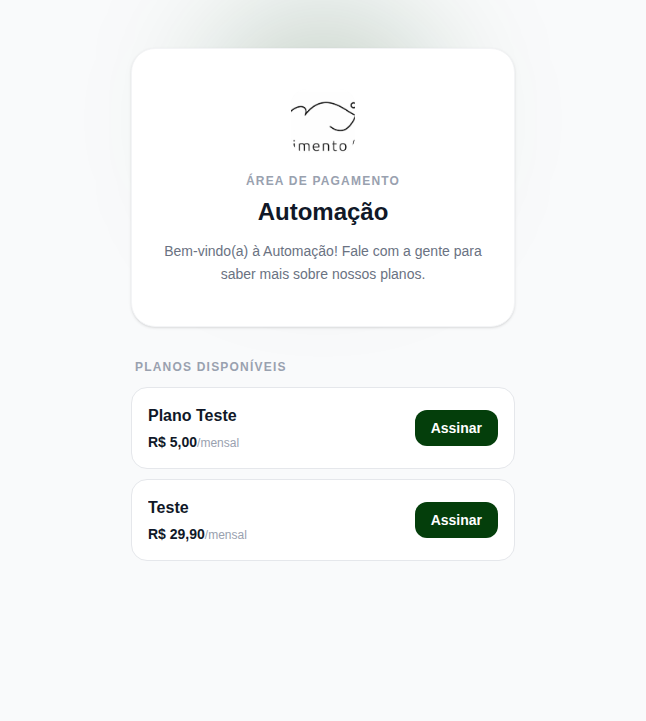 Página pública do subdomínio, com descrição e planos disponíveis