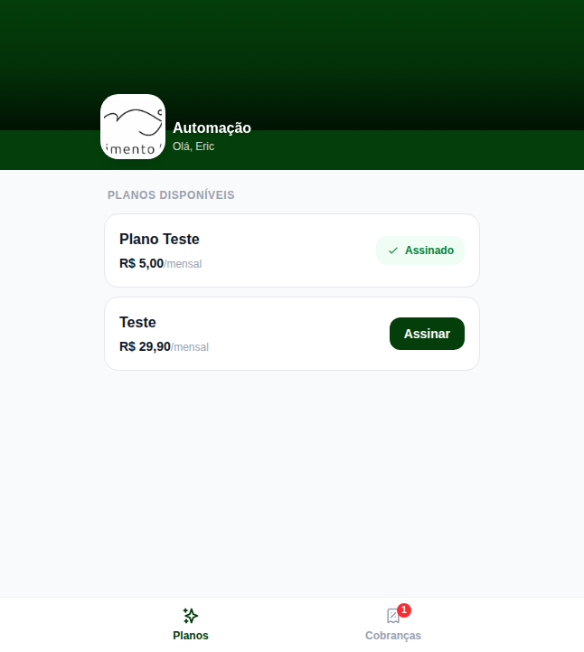 Aba Planos do portal do cliente, com navegação inferior