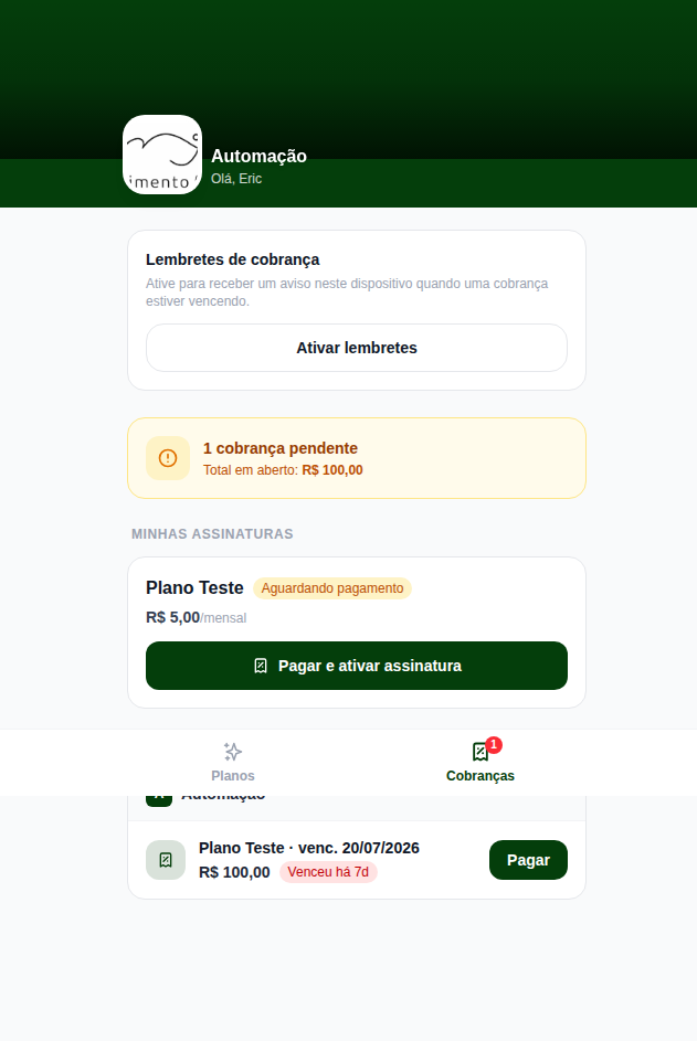 Aba Cobranças do portal do cliente, com assinatura pendente e cobrança em aberto